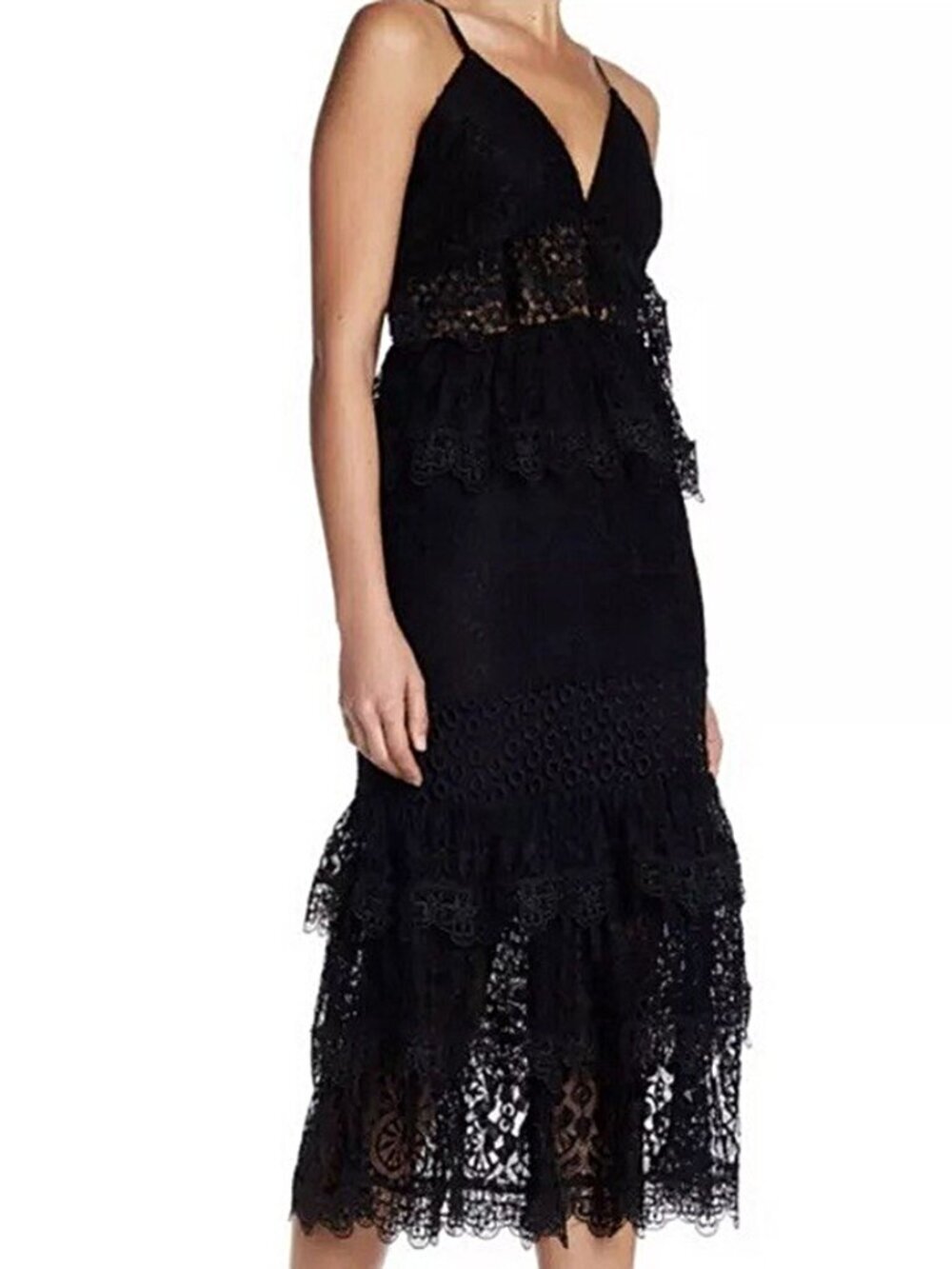 Kendall + Kylie Black Lace Tiered Midi Dress Size L